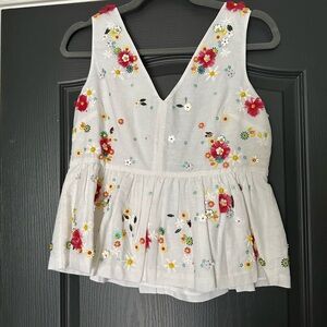 JCrew Floral Embellished White Sleeveless Linen-Cotton Peplum Top